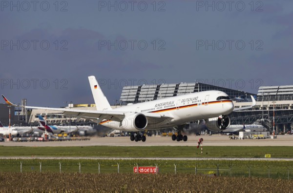 Government aircraft with terminal landing at Stuttgart Airport. Aircraft registration: 10-03, Luftwaffe, German Air Force, Airbus A350-900, Stuttgart, Baden-Württemberg, Germany