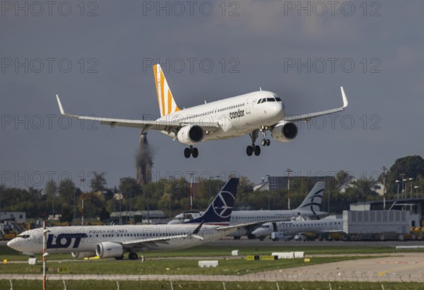 Flight operations at Stuttgart Airport. Aircraft on landing. Aircraft registration number: LZ-FBK, Condor, Airbus A320-200, Stuttgart, Baden-Württemberg, Germany