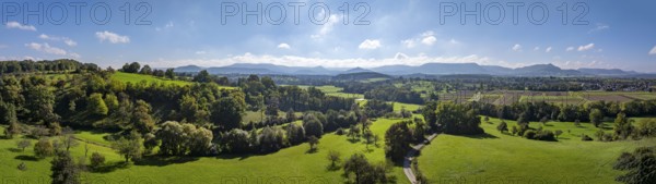Landscape in autumn near Jesingen. The mountains of the Swabian Alb in the background. Drone photo. Kirchheim unter Teck, Baden-Württemberg, Germany