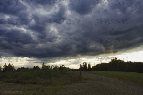 Dramatic, dark clouds drift across a landscape at dusk. Heaths and rough grassland nature reserve near Trupbach, Siegen