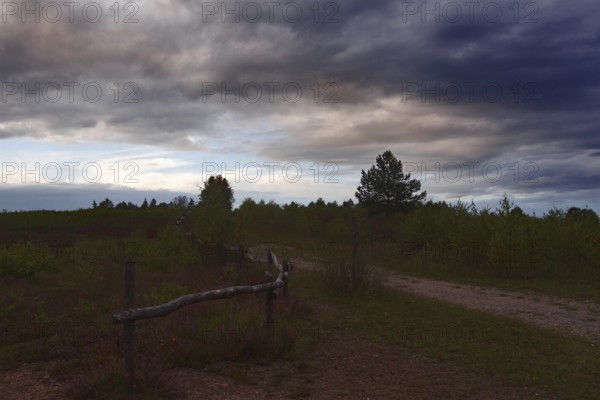 A country lane with an old fence under a cloudy, gloomy evening sky. NSG heaths and rough grassland near Trupbach, Siegen