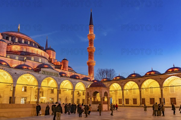 Inner courtyard of the Blue Mosque or Sultan Ahmed Mosque at dusk, Istanbul, Turkey