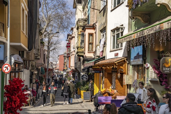 Cafe and shops in the colourful Balat district, Istanbul, Turkey