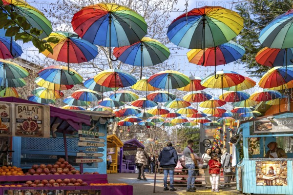 Colourful umbrellas over the Balat Antik Cafe in the Balat district, Istanbul, Turkey