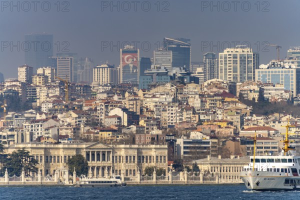 City view with Besiktas and Dolmabahçe Palace on the Bosphorus in Istanbul, Turkey