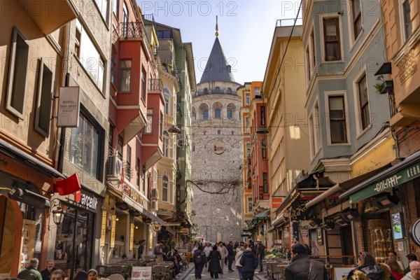 Shops, restaurants and the Galata Tower in Beyoglu, Istanbul, Turkey