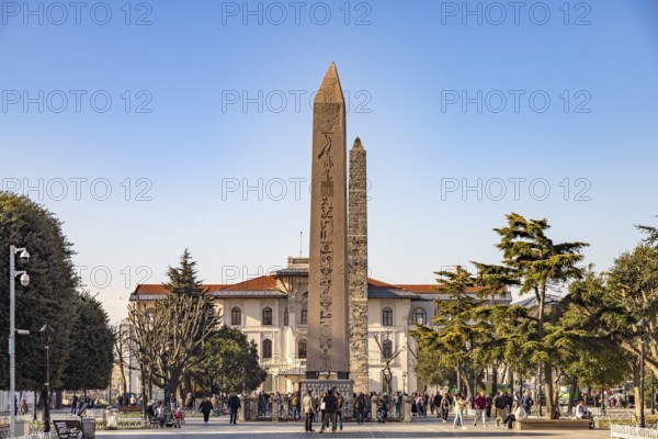 The Ancient Egyptian Obelisk of Theodosius or Obelisk of Istanbul and the Column of Constantine or Masonry Obelisk at the Hippodrome in Istanbul, Turkey