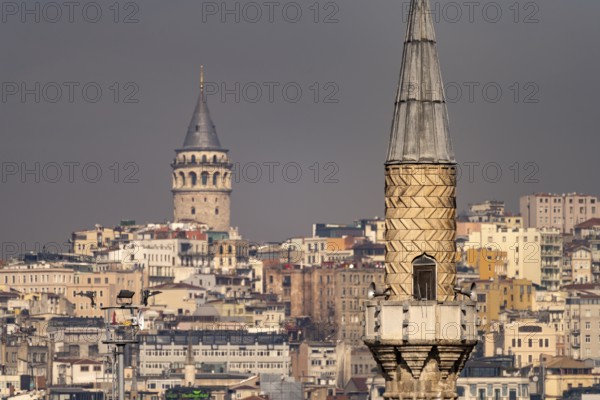 Minaret of the Tibbiye Mosque, Beyoglu and the Galata Tower, Istanbul, Turkey