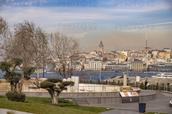 Sarayburnu Archaeological Park and Beyoglu with the Galata Tower, Istanbul, Turkey