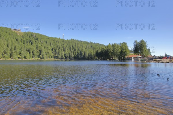 Lakescape with forest and mountain, Karsee, mountain lake, shore, transmission tower, mountain station, nature, Mummelsee, Honrisgrinde, Black Forest High Road, Northern Black Forest, Black Forest, Baden-Württemberg, Germany