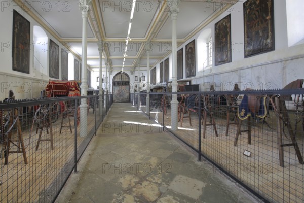 Carriages in the Marstallmuseum, interior view, Marstall, Hohenzollern Palace, Sigmaringen, Swabian Alb, Baden-Württemberg, Germany