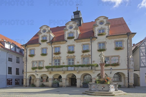 Town hall built in 1927 with dormer windows and market fountain, half-timbered house, Sigmaringen, Swabian Alb, Baden-Württemberg, Germany