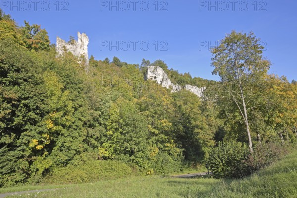 Broken Gutenstein, Neugutenstein and rock formations, rock cliff, rocks, forest, landscape, autumn colours, Inzigkofen, Upper Danube Valley, Swabian Alb, Baden-Württemberg, Germany