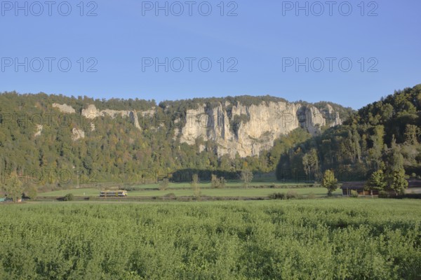 Railway line with train and view of rock formations, landscape, rock formations, rock cliffs, rocks, mountains, nature, train traffic, railway line, Neidlingen, Beuron, Upper Danube Valley, Swabian Alb, Baden-Württemberg, Germany