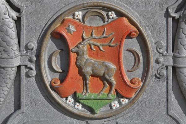 Stag figure as heraldic animal, town coat of arms, detail, market fountain, Sigmaringen, Swabian Alb, Baden-Württemberg, Germany