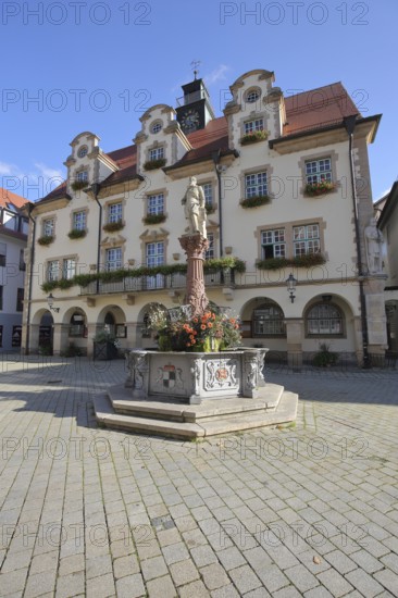 Town hall built in 1927 with dormer windows and market fountain, half-timbered house, Sigmaringen, Swabian Alb, Baden-Württemberg, Germany