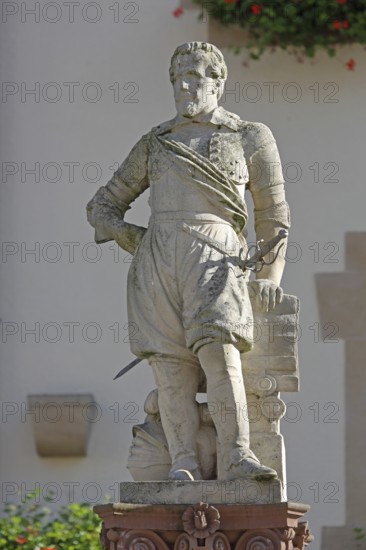 Monument to Count Johann von Hohenzollern-Sigmaringen, sword, sculpture, market fountain built in 1826, Sigmaringen, Swabian Alb, Baden-Württemberg, Germany