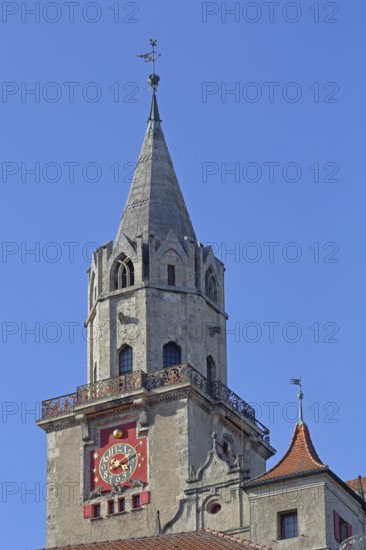 Roman tower with clock from Hohenzollern Castle, Sigmaringen Castle, Swabian Alb, Baden-Württemberg, Germany