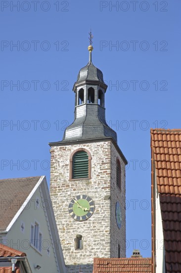 Former defence defence tower of the castle built in the 14th century and today's bell tower of St. Laurentius Church, Wiesloch, Baden-Württemberg, Germany