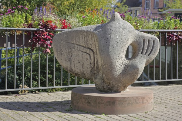 Sculpture Elephant by Antal Sándor 1992, Modern Art, Abstract Art, Stone Sculpture, Elephant Figure, Head, Ears, Hauptstraße, Wiesloch, Baden-Württemberg, Germany