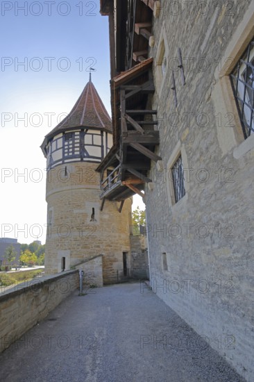 Water tower with external staircase built around 1255, wooden bridge, Zollernschloss, castle, Balingen, Swabian Alb, Baden-Württemberg, Germany