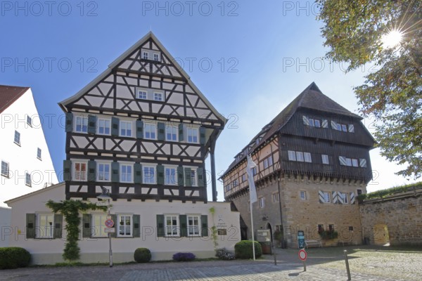 Former equestrian centre and today's youth hostel and medieval Zollern Castle backlit, Castle, Balingen, Swabian Alb, Baden-Württemberg, Germany