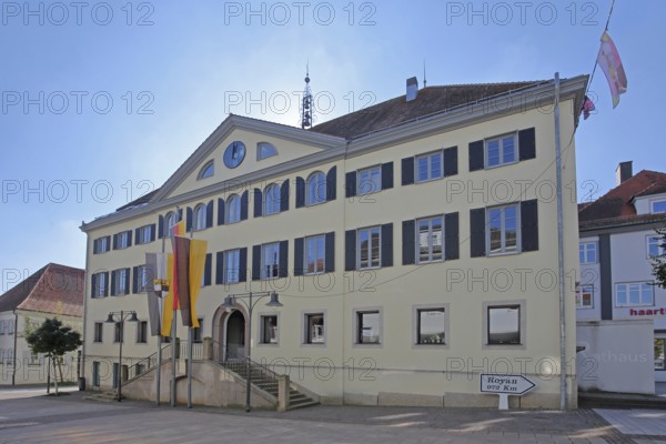 Town hall with German national flag, Baden-Württemberg state flag and town flag, Balingen, Swabian Alb, Baden-Württemberg, Germany