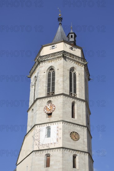 Tower of the late Gothic town church with sundial and clocks, church tower, landmark, Balingen, Swabian Alb, Baden-Württemberg, Germany