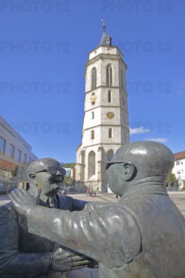 Sculpture Manus manum lavat by Guido Messer 1986 - One hand washes the other, two, bronze sculptures, male figures, modern art, symbol for deal, agreement, trade, contract, shake hands, give, joy, greet, hug, gesture, arms, faces, landmark town church, Balingen, Swabian Alb, Baden-Württemberg, Germany