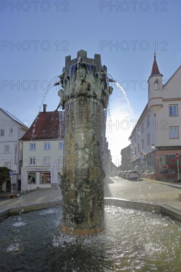 Town hall fountain with reliefs and figures by Klaus Ringwald 1998, bronze sculptures, water features, market square, Hechingen, Swabian Alb, Baden-Württemberg, Germany