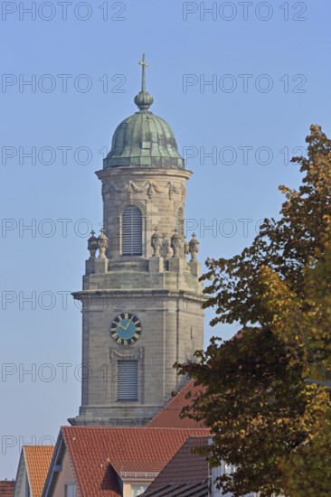 Tower of the collegiate church of St James built in 1783, Hechingen, Swabian Alb, Baden-Württemberg, Germany