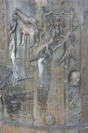 Reliefs with scenes from the town's history on the town hall fountain by Klaus Ringwald 1998, Modern Art, horse-drawn carriage, market square, Hechingen, Swabian Alb, Baden-Württemberg, Germany