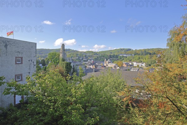 View from the castle of the townscape with Romanesque collegiate church of St. Chrysanthus and Daria, Bad Münstereifel, Ahrgebirge, Eifel, North Rhine-Westphalia, Germany