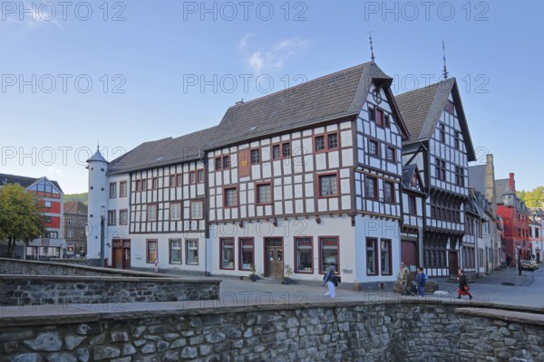 Heinz-Küpper-Bridge and half-timbered houses, pedestrian, market, Bad Münstereifel, Ahrgebirge, Eifel, North Rhine-Westphalia, Germany