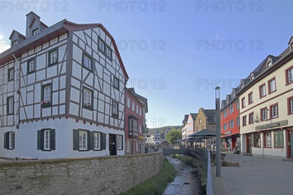 Half-timbered houses on the Erft stream, Werther Straße, Entenmarkt, Bad Münstereifel, Ahrgebirge, Eifel, North Rhine-Westphalia, Germany