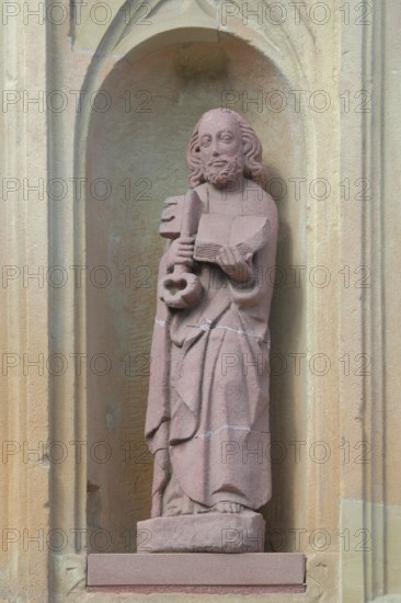 Simon Peter with key and bible, symbol, saint, stone sculpture, St Chrysanthus and Daria, collegiate church, Bad Münstereifel, Ahrgebirge, Eifel, North Rhine-Westphalia, Germany