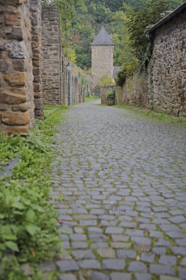 Historic city wall with Werther Tor, city tower, city gate, Wallgasse, city fortifications, cobblestones, alleyway