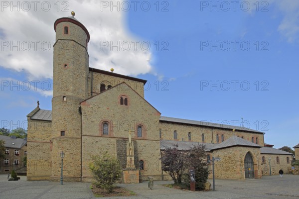 Romanesque collegiate church of St Chrysanthus and Daria, pilgrimage route, Way of St James, Bad Münstereifel, Ahrgebirge, Eifel, North Rhine-Westphalia, Germany