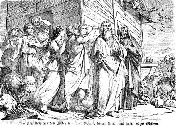 First Book of Moses, Chapter 9, Genesis, after the Flood Noah leaves the ark with his sons and wives, animals, Old Testament, Bible, historical illustration 1877