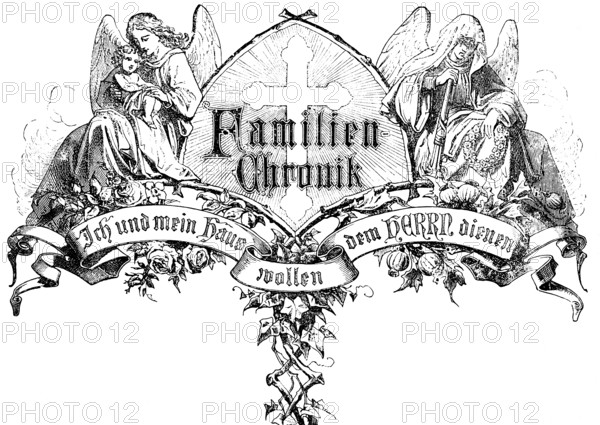 Cover picture family chronicle with happy and mourning angels, baby, and funeral wreath, symbols for birth and death, inscription and motto, bows and floral ornamentation, Bible, historical illustration 1877