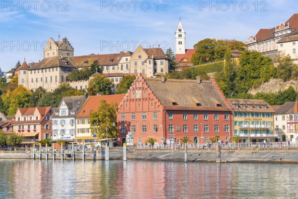 Picturesque town view with castle and church on the shore of a lake, Meersburg, Lake Constance, Germany