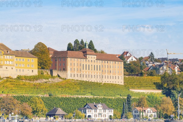Large castle on an overgrown hill above vineyards in autumn, Meersburg, Lake Constance, Germany