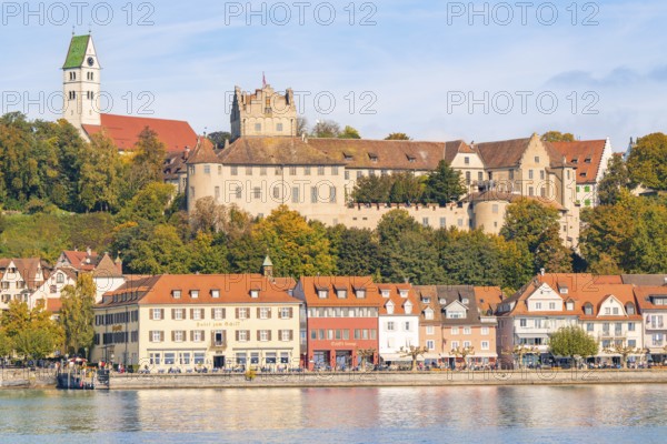 Historic castle above a lakeside town with colourful roofs, Meersburg, Lake Constance, Germany