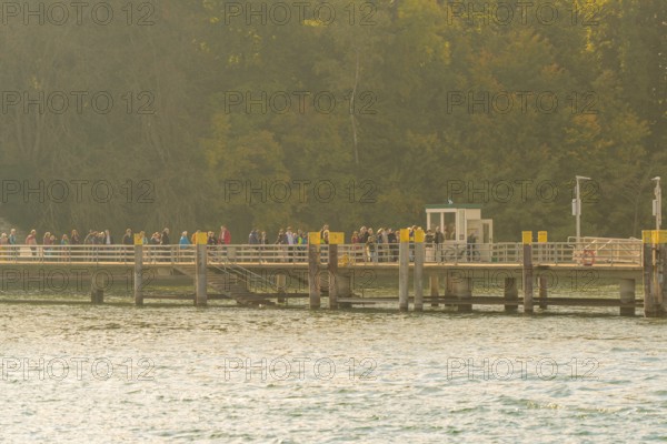 People on a jetty by the lake in front of an autumn forest, Mainau Island, Lake Constance, Germany