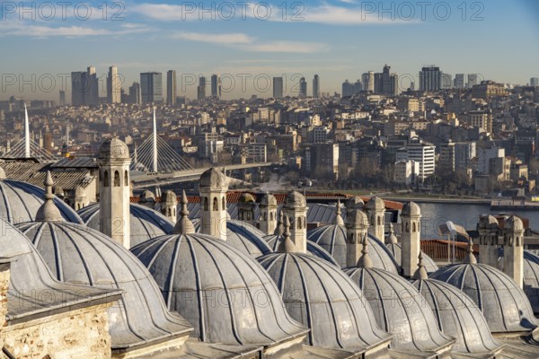 View over the roofs of the Süleymaniye Mosque to the skyline of Istanbul, Turkey