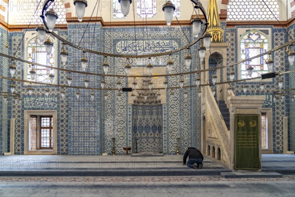 Blue Iznik tiles in the interior of the Rüstem Pasha Mosque in Eminönü, Istanbul, Turkey