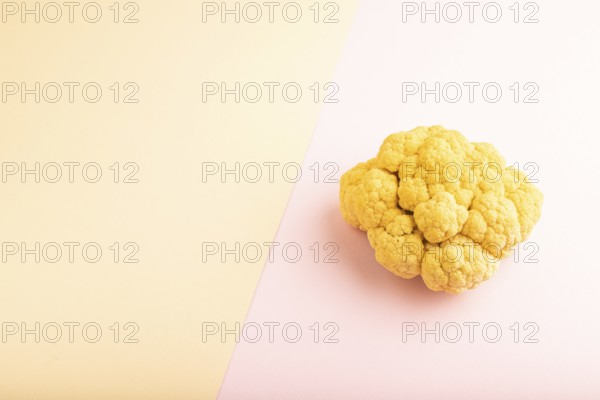 Yellow Cauliflower on pink and orange pastel paper background. Side view, copy space. healthy food, vegetable, minimalism