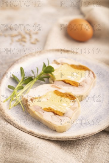Chicken, egg and dried apricot meatloaf, microgreen on brown concrete background and linen textile. side view, close up, selective focus