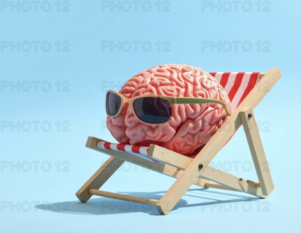 Brain relaxes on a sunbed under the summer sun, placed on a flat surface, symbol for mental health, AI generated
