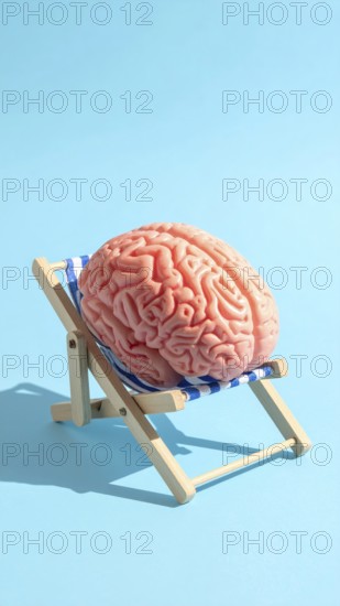 Brain relaxes on a sunbed under the summer sun, placed on a flat surface, symbol for mental health, AI generated